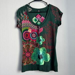 Desigual Green and Pink Artistic Short Sleeve Tee